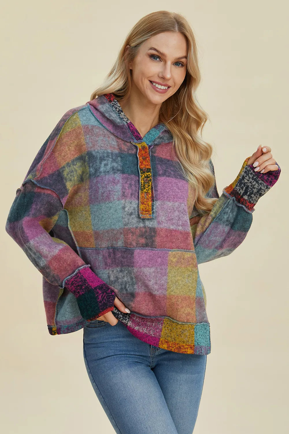 Double Take Full Size Plaid Dropped Shoulder Fleece Hoodie Plus Size - Heliotrope Purple - View 9