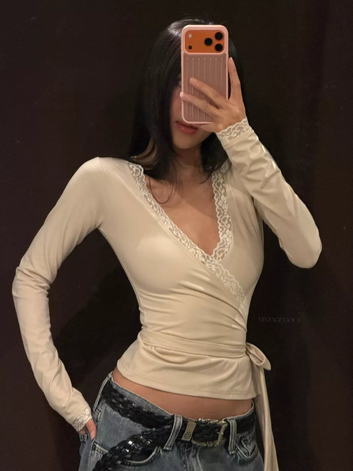 Lace-Trimmed Long Sleeves Wrap Blouse - Khaki Color - View 3
