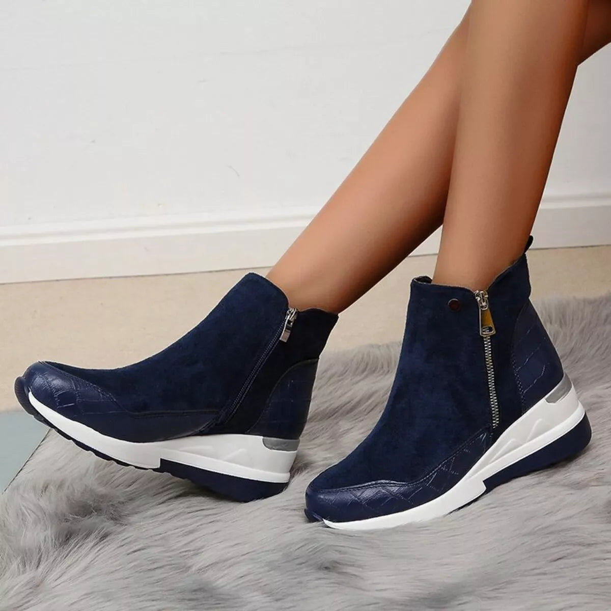 Side Zipper Ankle Boots - Blue - View 12
