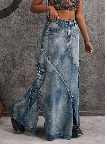 High-Waisted Denim Maxi Skirt with Zipper Slit - Blue - View 3