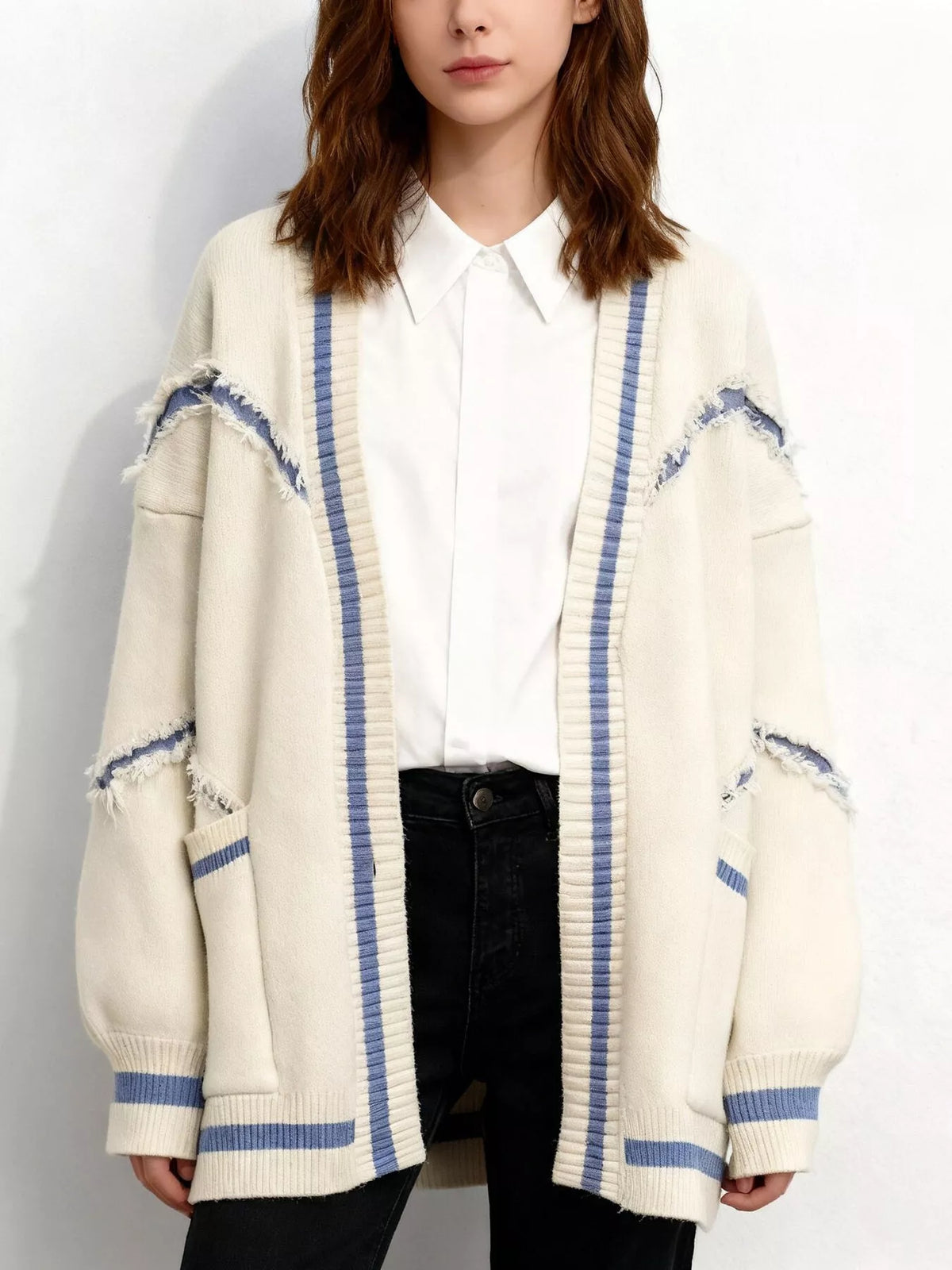 Frayed Hem Open Front Cardigan - Off-white - View 1