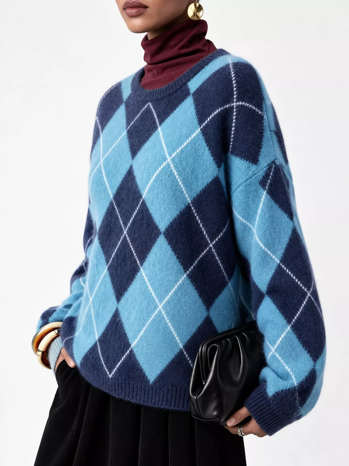 Argyle Pattern Fuzzy Knit Sweater - Royal Blue - View 27