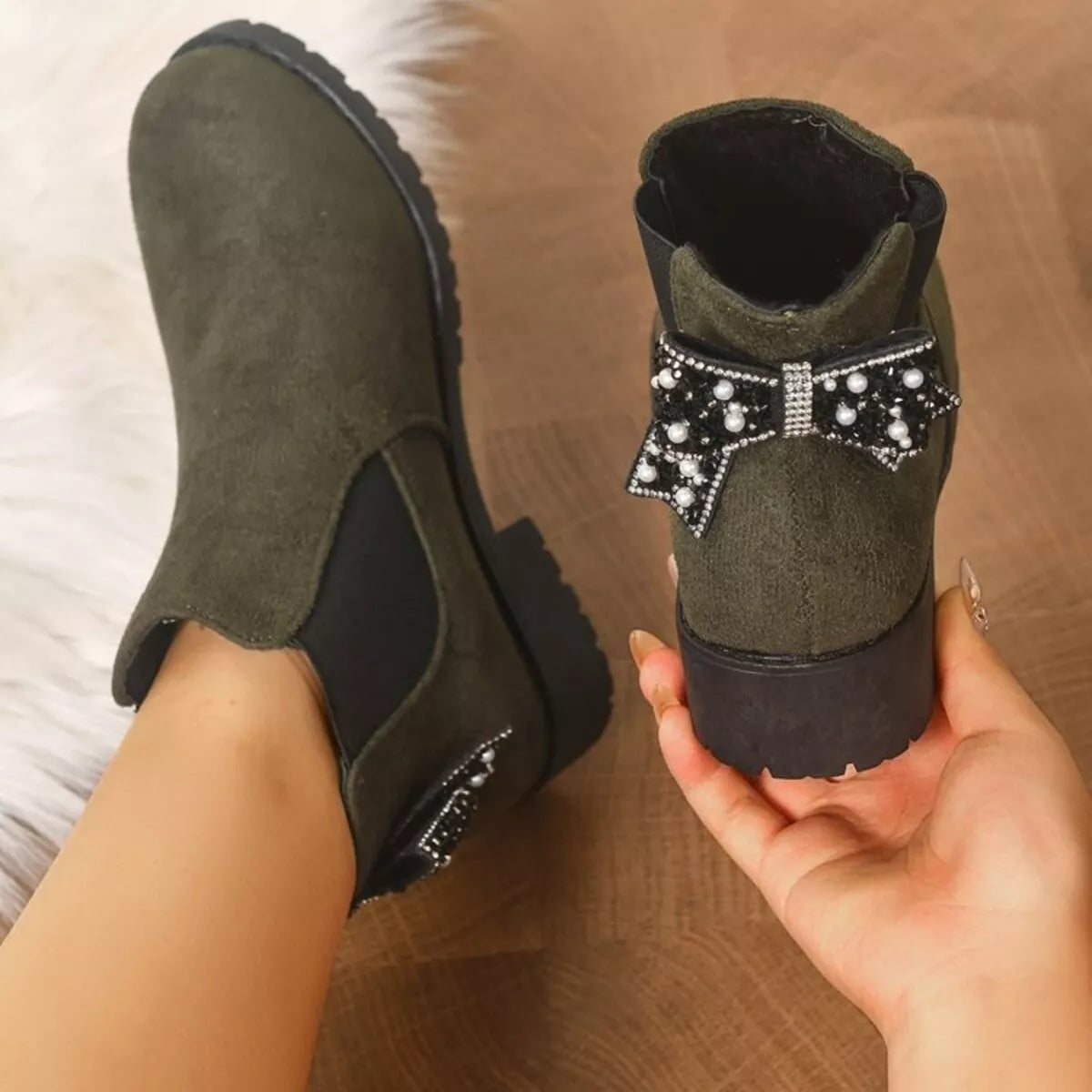 Round Toe Block Heels Boots - Army Green - View 3