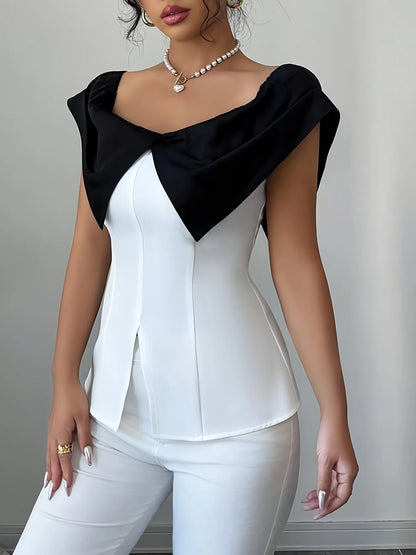 Slit Contrast Cap Sleeve Blouse - White - View 4