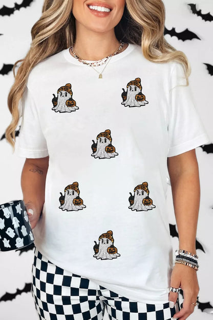 Full Size Halloween Sequin Ghost Print Short Sleeve Casual T-Shirt Plus Size - White - View 1