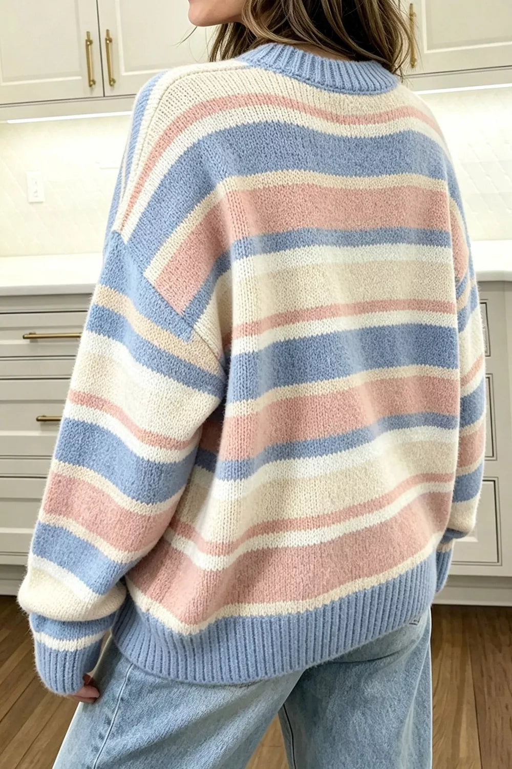 Striped Dropped Shoulder Sweater - Light Blue - View 2