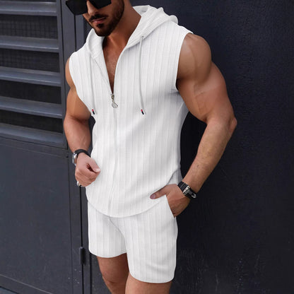 Hoodie set zipper T-shirt plaid sleeveless vest shorts two-piece set