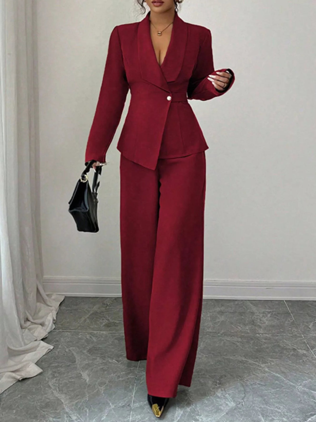 One Button Blazer and Pants Set - Red - View 2