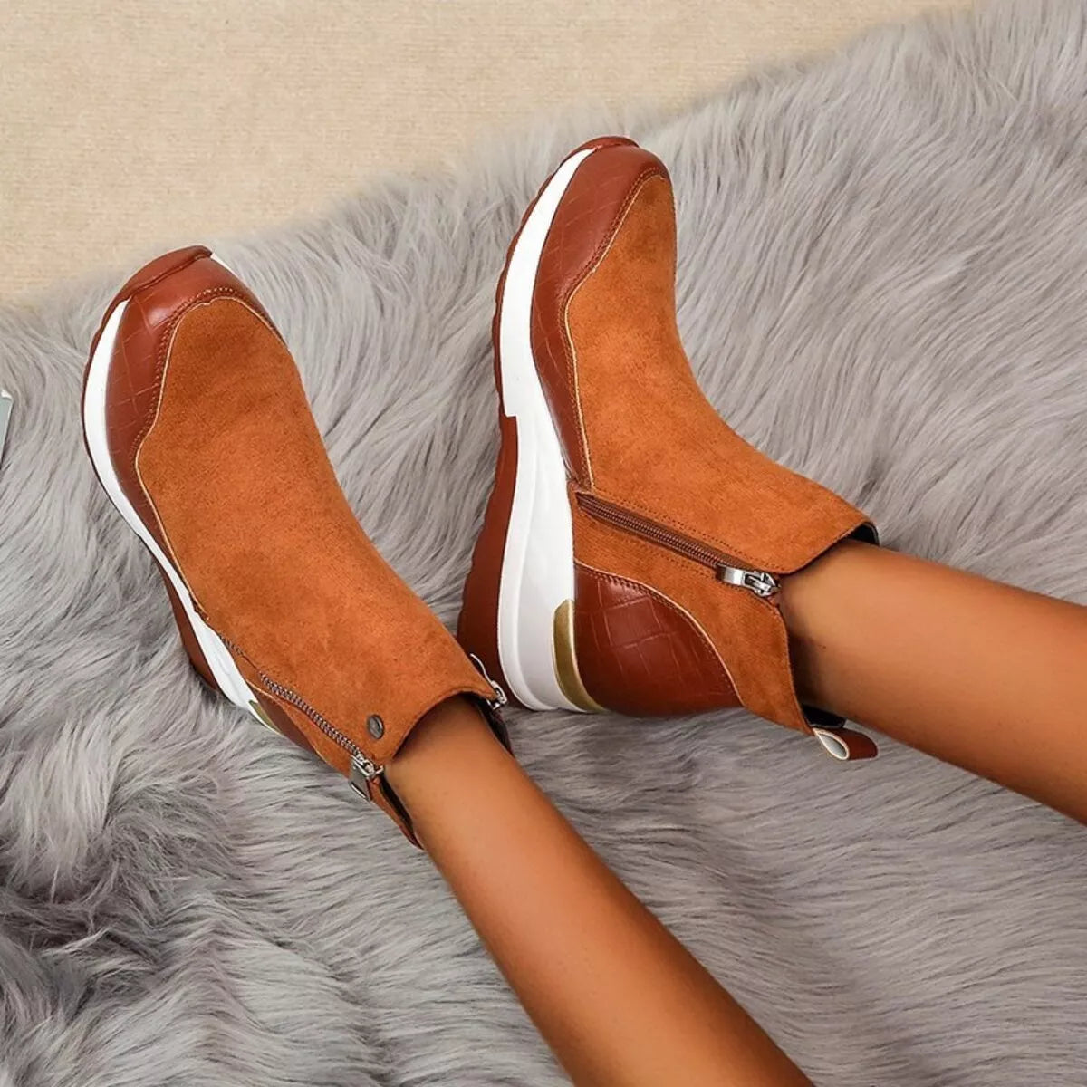 Side Zipper Ankle Boots - Brown - View 9