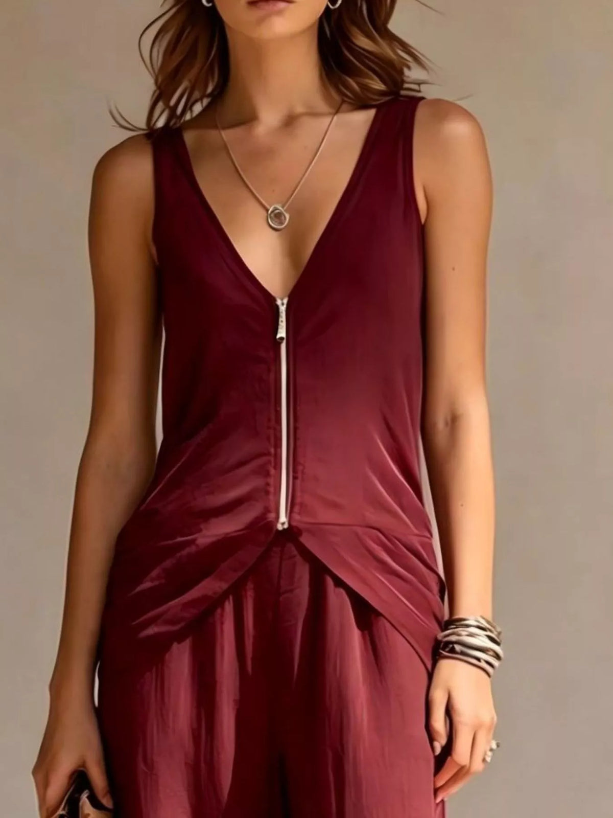 Full Size Zipper Front Tank and Wide-Leg Pants Set Plus Size - Red - View 2