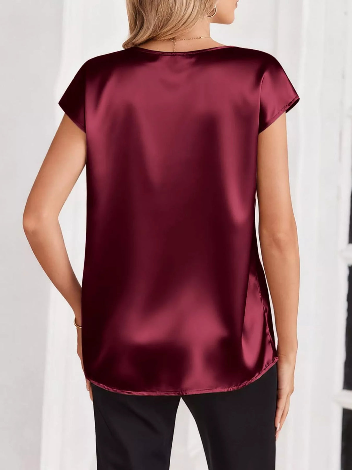 Satin V-Neck Cap Sleeve Blouse - Wine Red - View 12