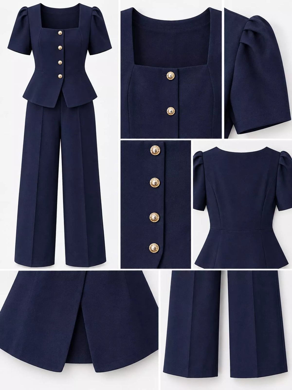 Plus Size Peplum Top and Wide-Leg Pants Two-Piece Set - Navy - View 14