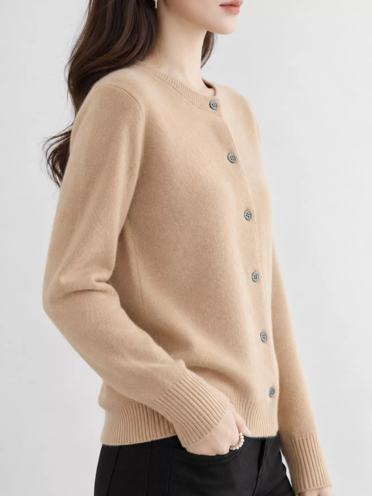 Crew-Neck Button-Down Cardigan - Golden Tan - View 22