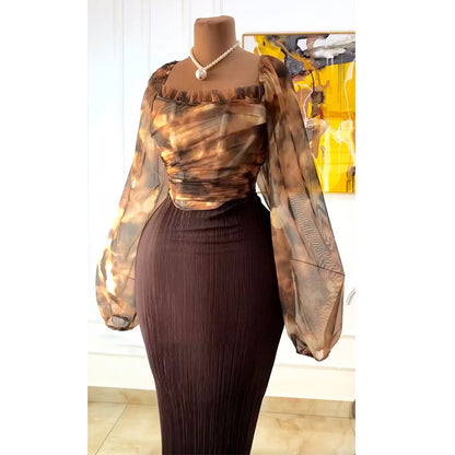 Square collar lantern sleeve shirt high waisted skirt two-piece set