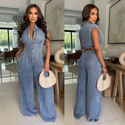 Slim fit elastic straight tube loose jumpsuit
