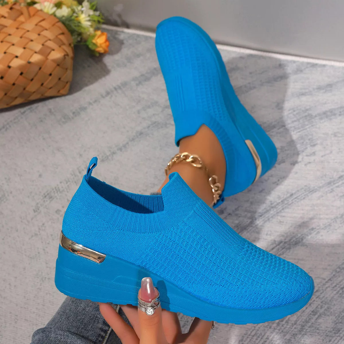 Mesh Round Toe Wedge Athletic Sneakers - Sky Blue - View 11