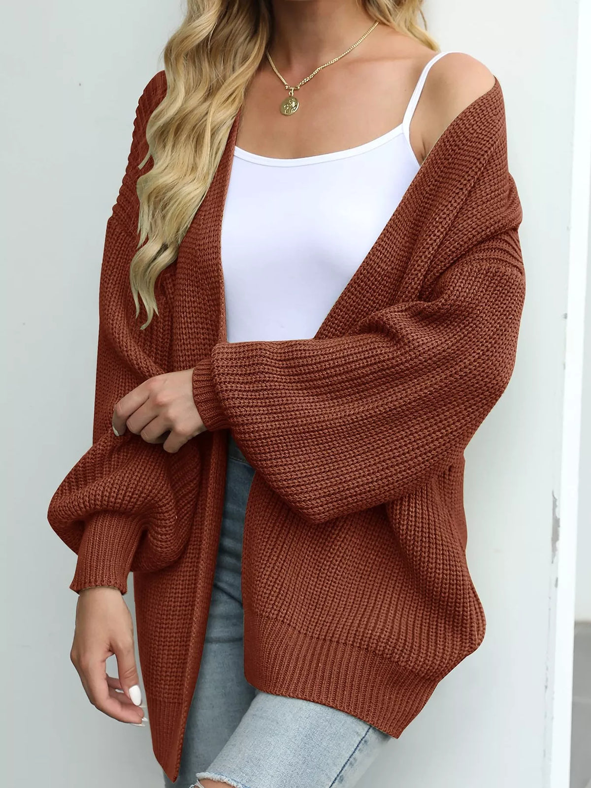 Chunky Knit Open Front Cardigan with Lantern Sleeves - Brown - View 9