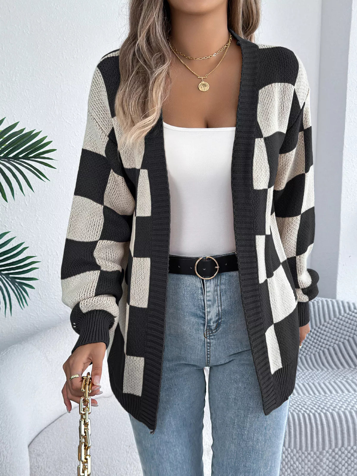 Checkerboard Pattern Open Front Knit Cardigan - All Colors - View 1