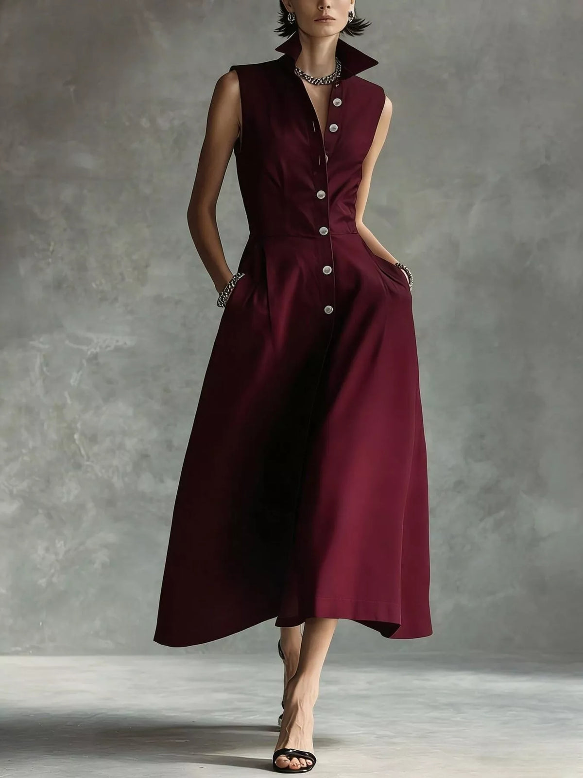 Sleeveless Button-Down Midi Shirt Dress - Wine Red - View 12
