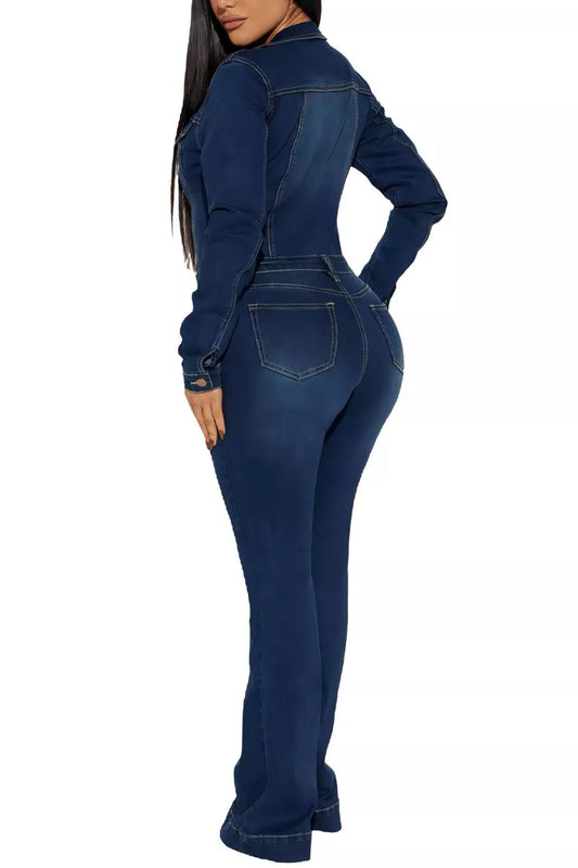 Slim-Fit Long Sleeve Denim Jumpsuit with Flared Legs - Dark Blue - View 2