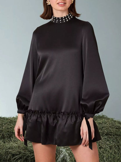 Pearl-Embellished Mock Neck Ruffle Hem Dress - Black - View 1