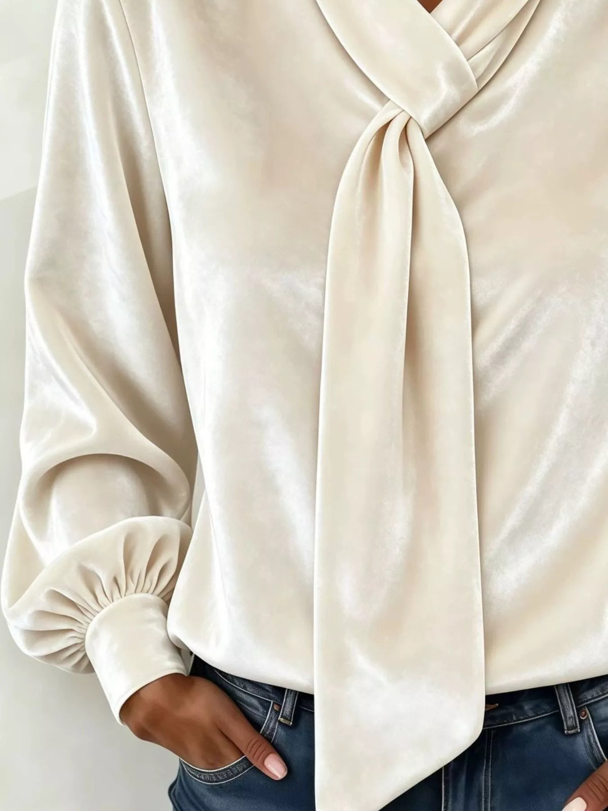 Full Size Velvet Tie-Neck Long Sleeve Blouse Plus Size - White - View 4