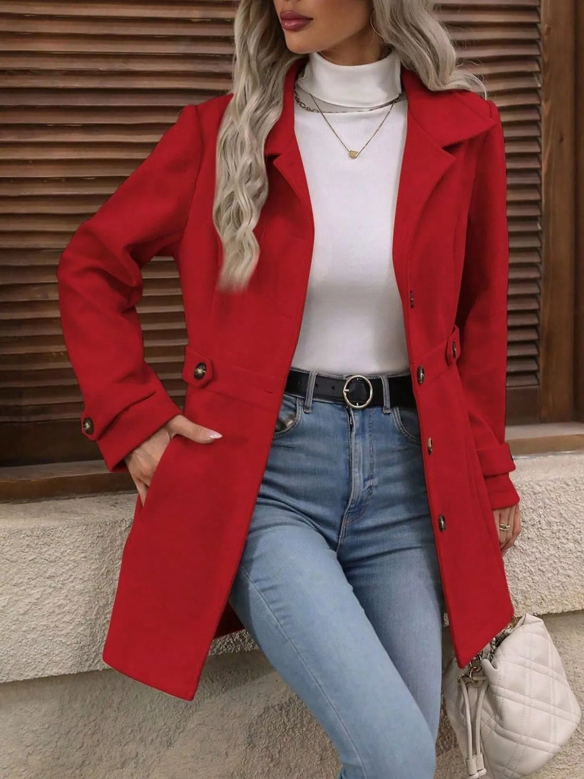 Single-Breasted Long Sleeve Coat - Red - View 3