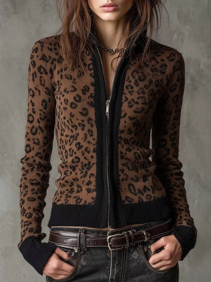 Leopard Print Knit Zip-Up Outerwear - Dark Brown - View 1