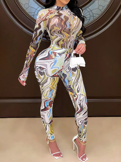 Abstract Swirl Print Top and Pants Set - Camel - Front Model View