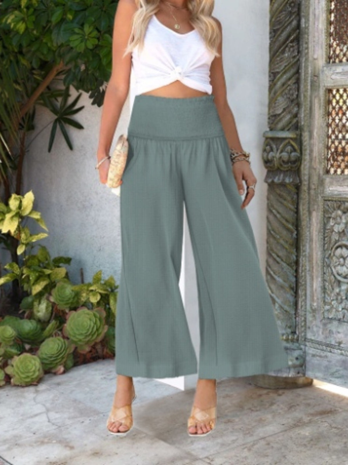 Wide-Leg Smocked Waist Pants - French Blue - View 18