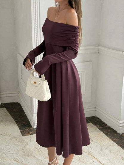 Off-Shoulder Long Sleeve Midi Dress - Coffee Brown - View 5