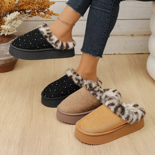 Rhinestone Faux Fur Platform Slippers - Color comparison - View 1