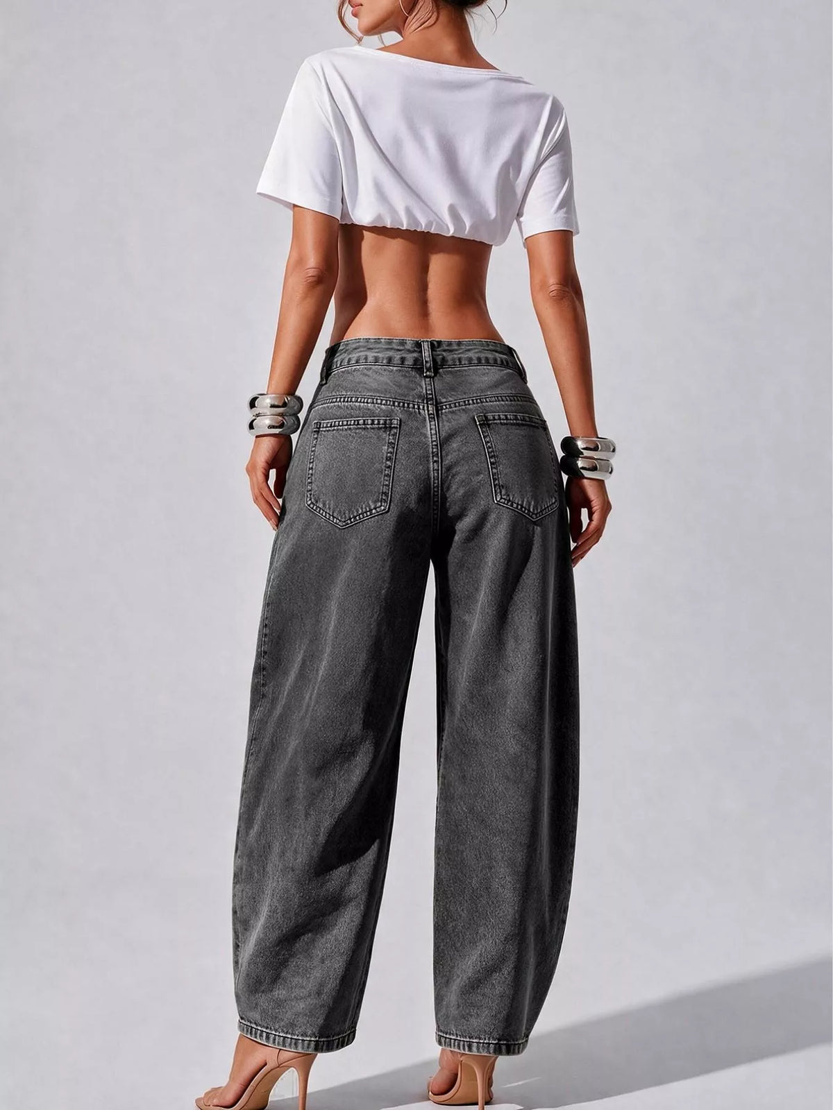 Decorative Button Wide Leg Jeans - Dark Gray - View 34