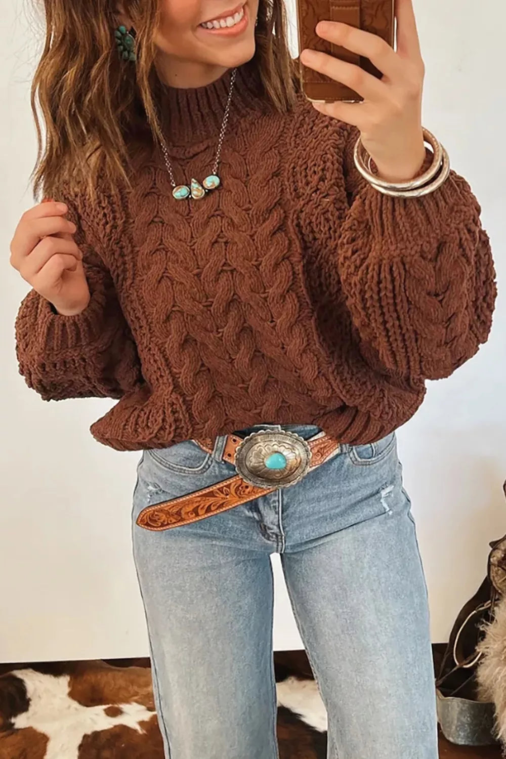 Mock Neck Cable Knit Sweater - All Colors - View 1