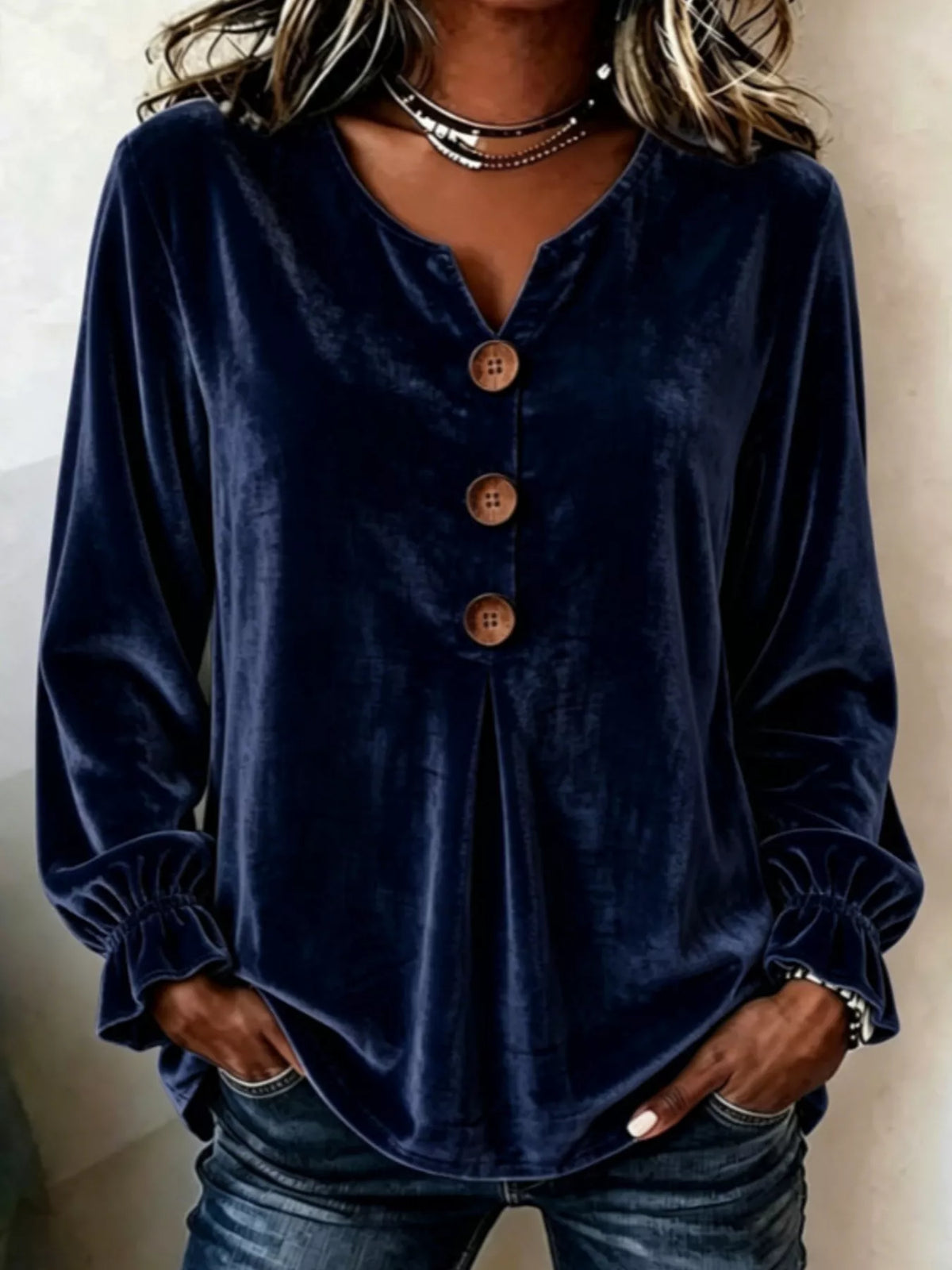 Velvet Flounce Sleeve Blouse - Navy Blue - View 1