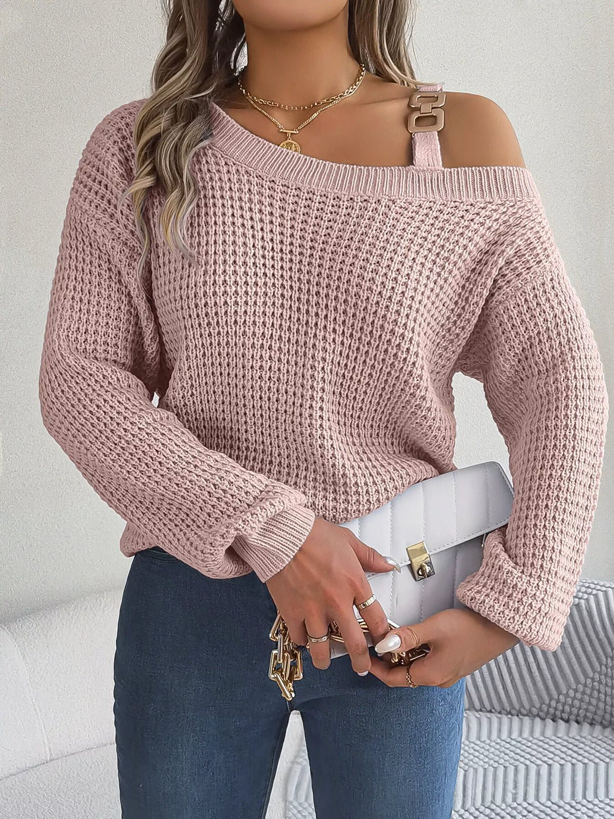 Asymmetrical Neck Long Sleeve Sweater - Dusty Pink - View 6