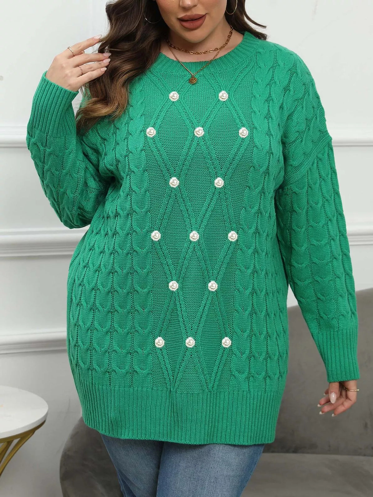 Plus Size Cable Knit Dropped Shoulder Sweater - Black - View 4
