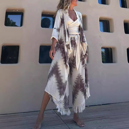 European and American women's clothing temperament printed vest tassel jacket casual three piece set women's summer pants
