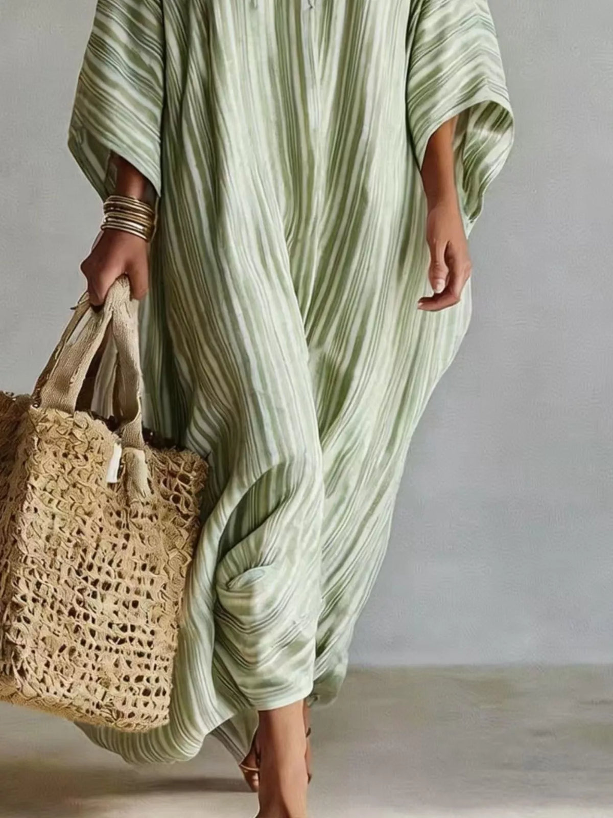 Striped V-Neck Maxi Dress - Light Green - View 3