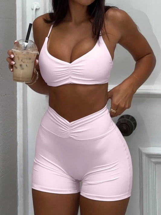 Ruched Sports Bra and High-Waisted Shorts Active Set - Pink - Image 1