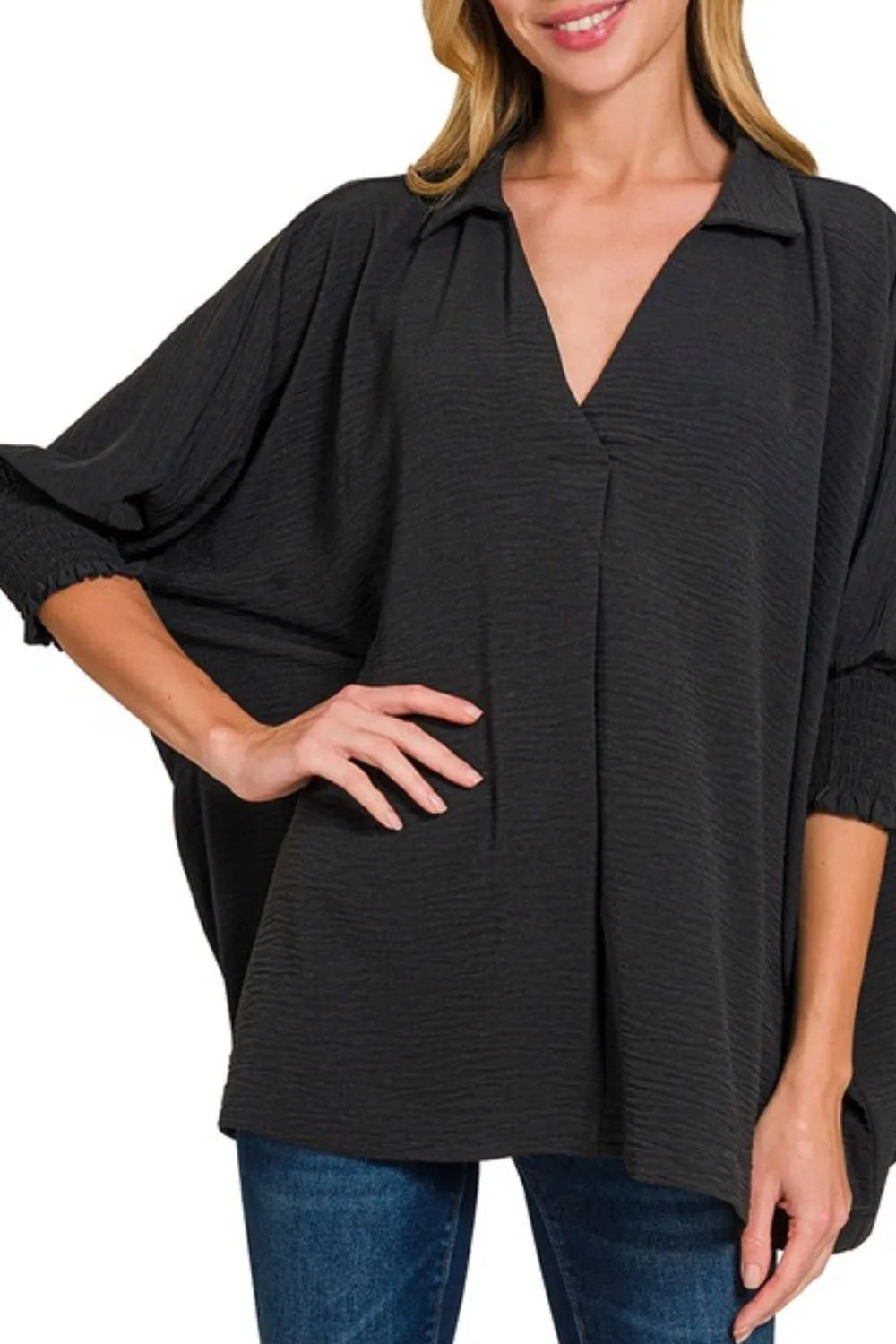 Zenana Airflow Collar Tee with Smocked Sleeve Band Top - BLACK - View 2