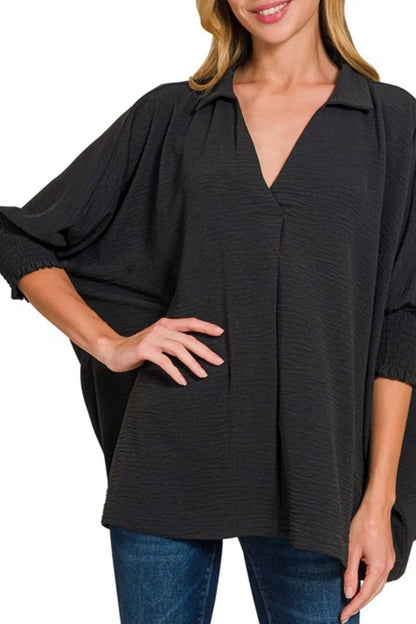 Zenana Airflow Collar Tee with Smocked Sleeve Band Top - BLACK - View 2