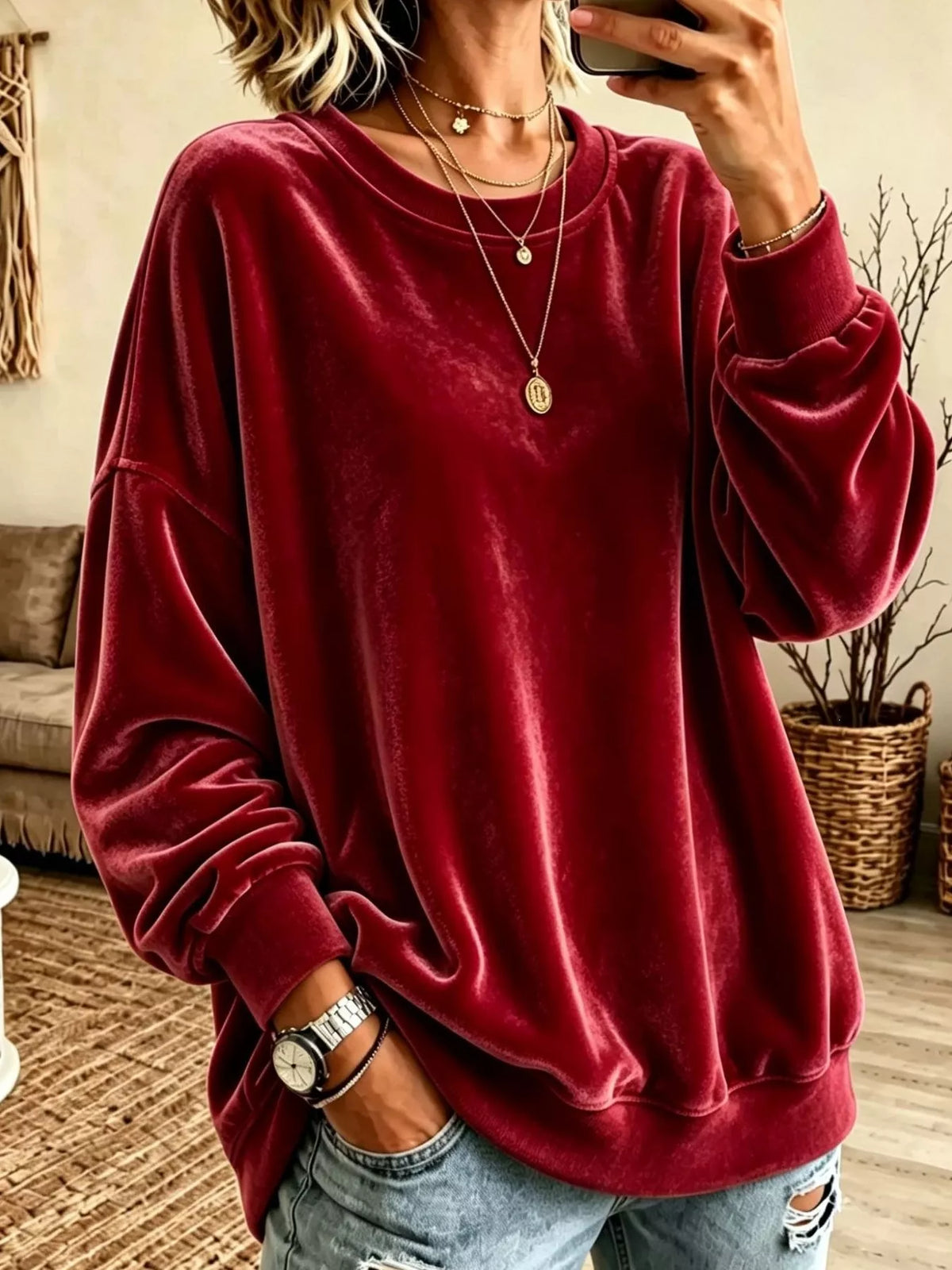 Full Size Solid Color Crew Neck Sweatshirt Plus Size - Red - View 7