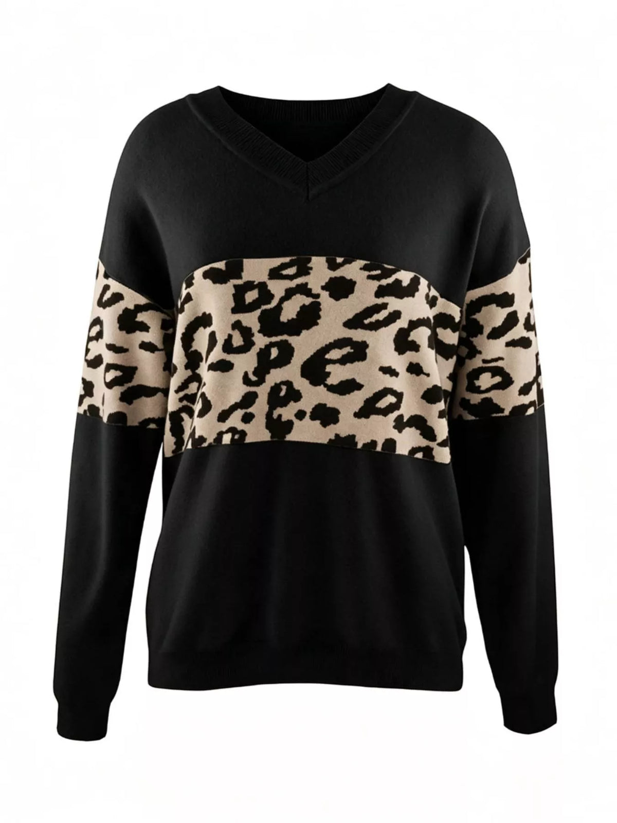 Leopard V-Neck Dropped Shoulder Sweater - Black - View 1
