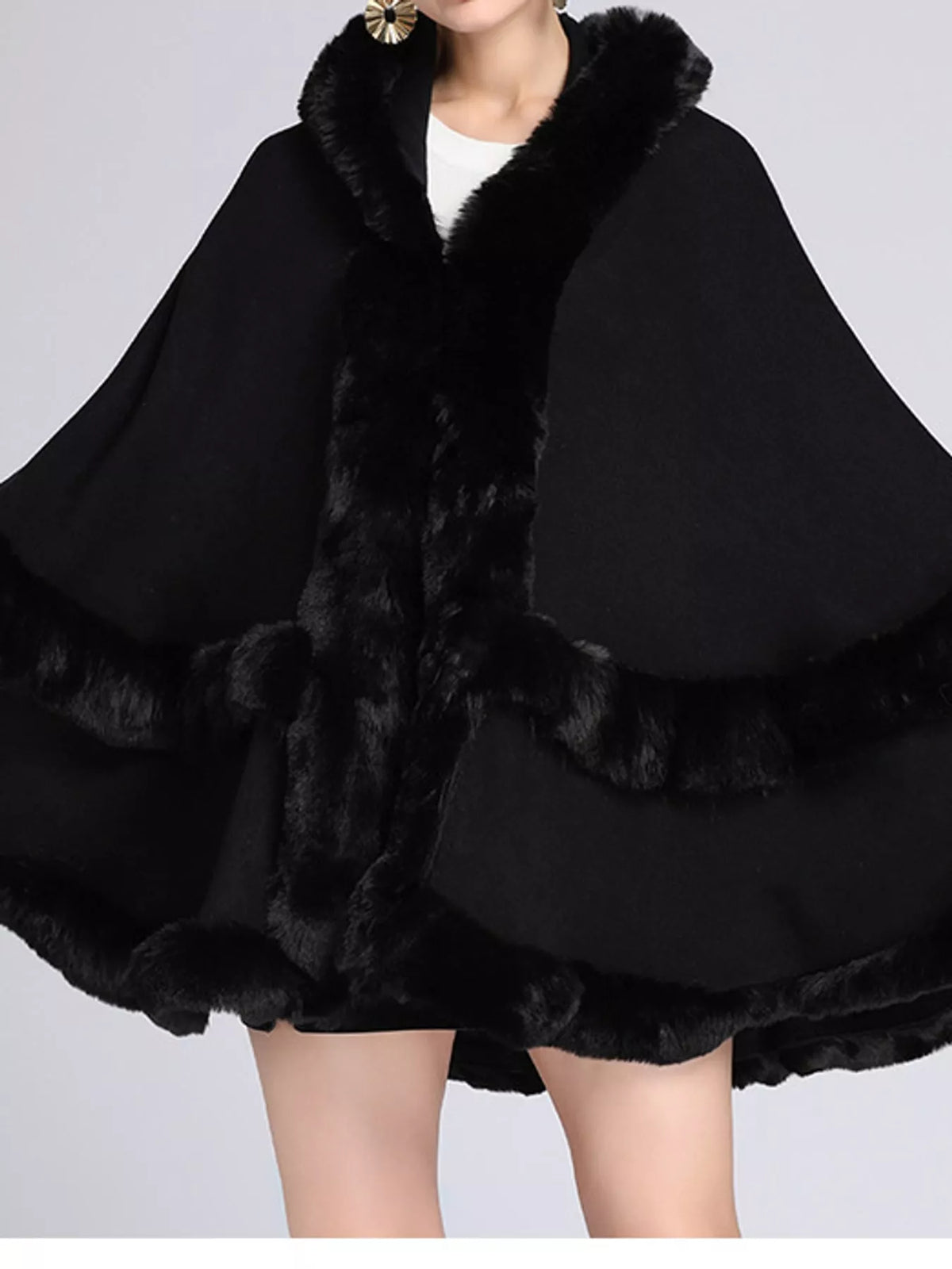 Faux Fur Trimmed Hooded Cape - Black - View 13