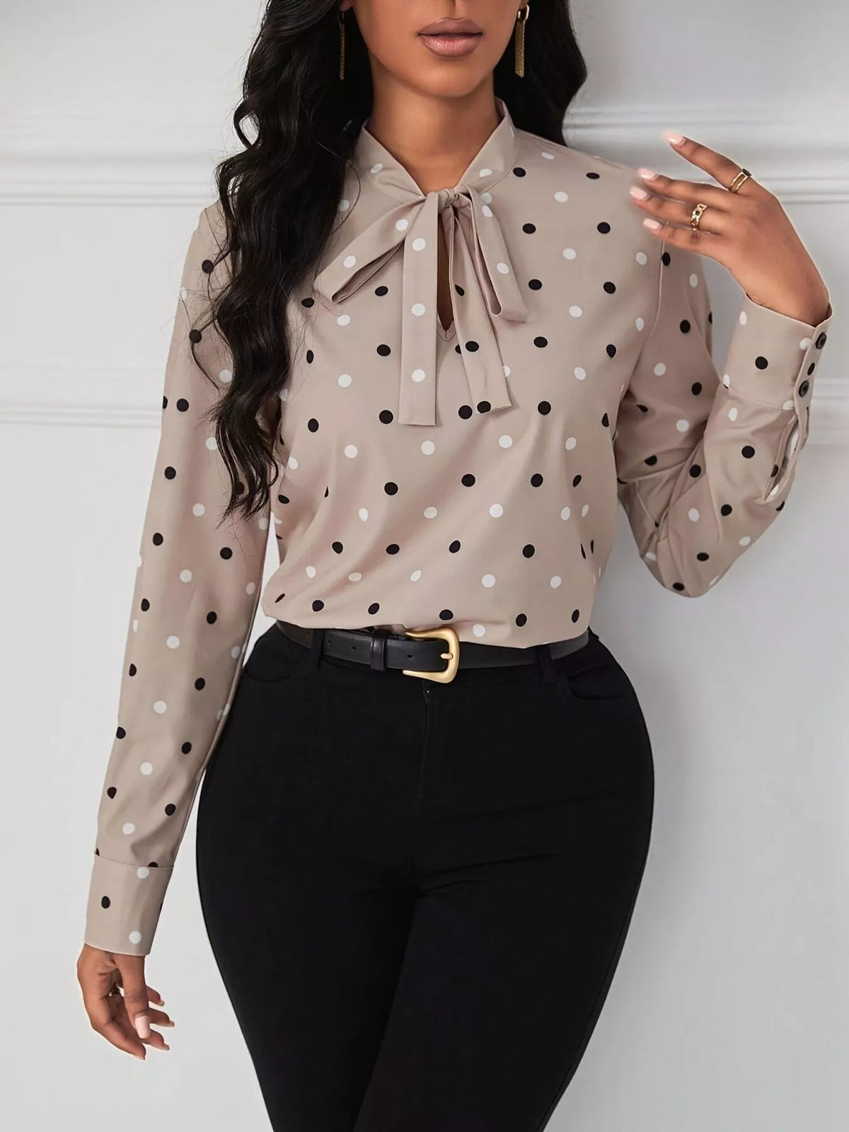 Polka Dot Tie Neck Blouse - Dust Storm - View 3