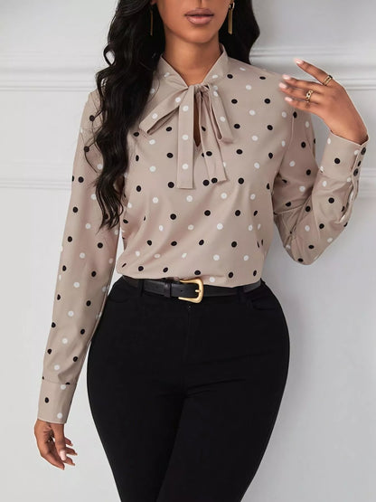 Polka Dot Tie Neck Blouse - Dust Storm - View 3