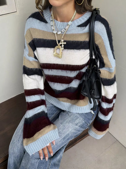 Multi-Color Striped Fuzzy Sweater - Colorful Stripes - View 2