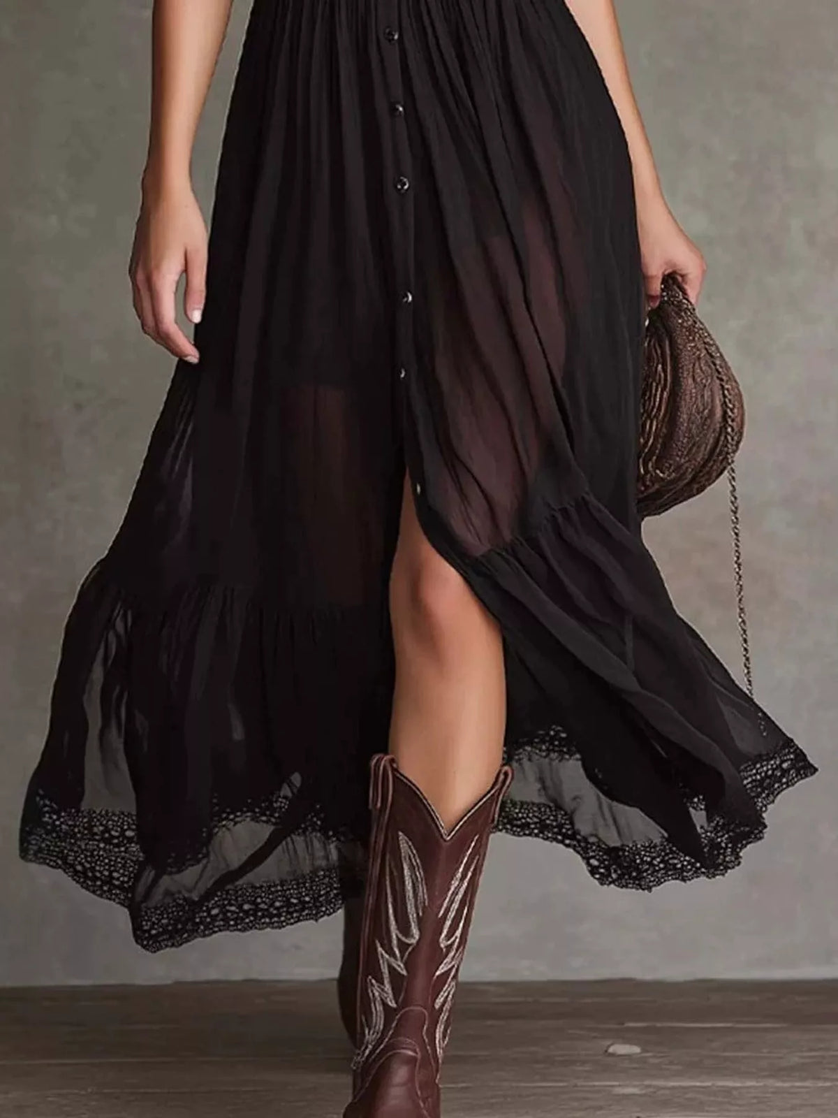 Button-Down Midi Dress with Lace Trim - Black - View 3