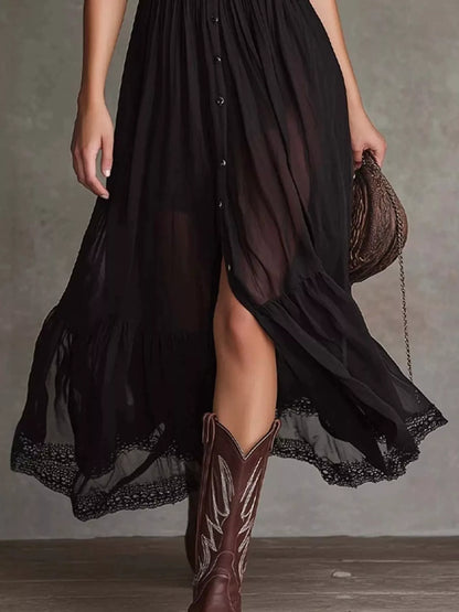 Button-Down Midi Dress with Lace Trim - Black - View 3